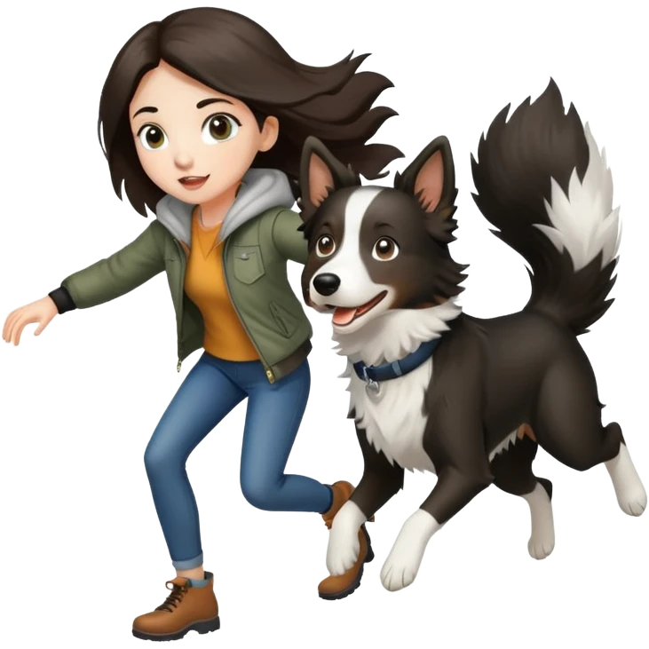 A beautiful girl with fair skin wearing a jacket chasing a Border Collie emoji