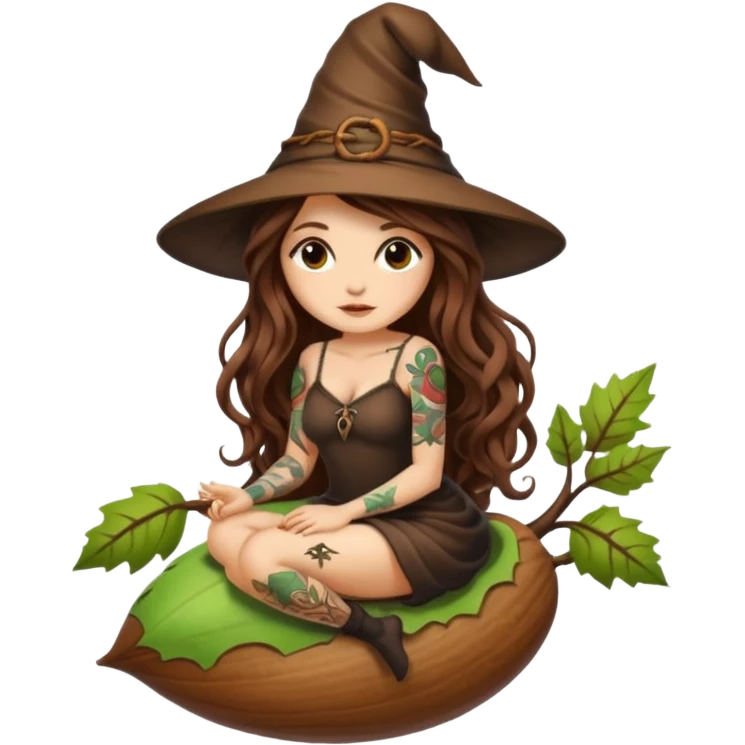 cute forest witch woman long wavy brown hair tattoos sitting inside acorn emoji