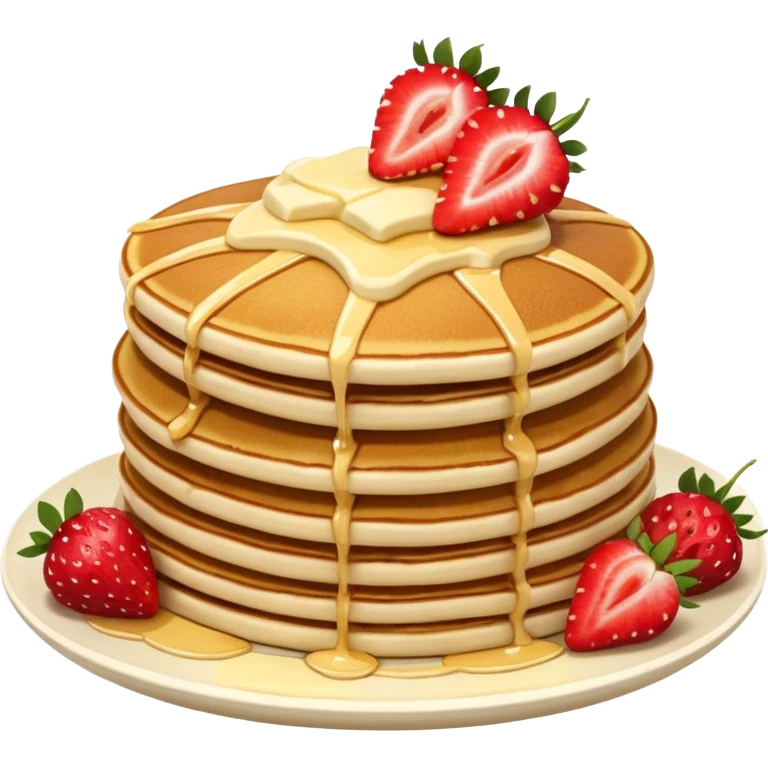 a stack of 3 pancakes with melted white chocolate and strawberries on the top pancake  emoji