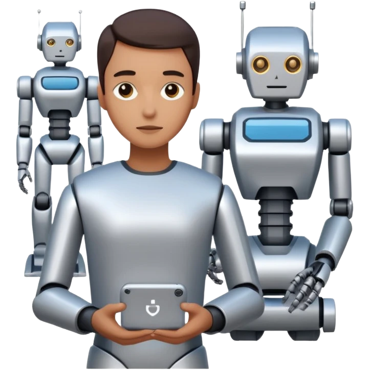 One person is waist-deep, next to simplified forms of robots or manipulators without details, the lines are clean and geometric. emoji