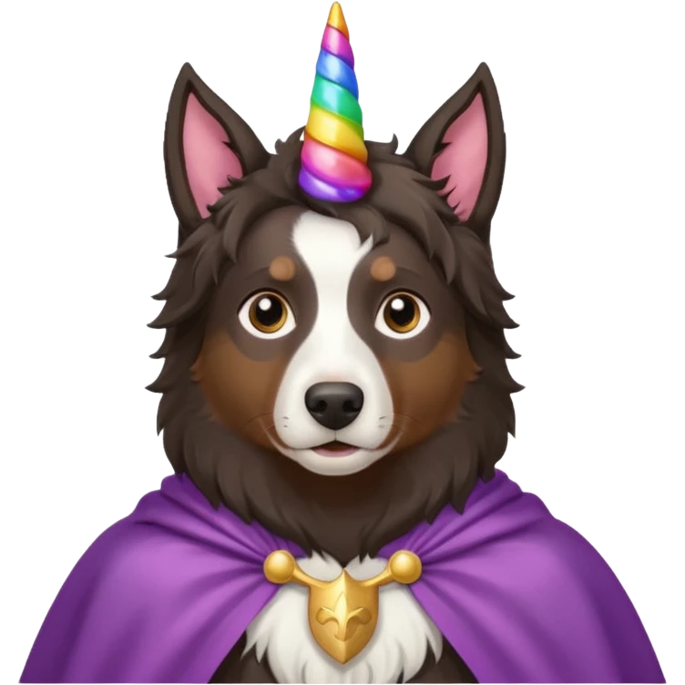 A daar autralian sheperd with a unicorn horn and a cape emoji