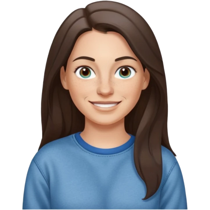 A 38 year old white woman with long dark brown hair parted in the middle. She has a nose ring. She has freckles and is wearing a sweatshirt and jeans smiling emoji