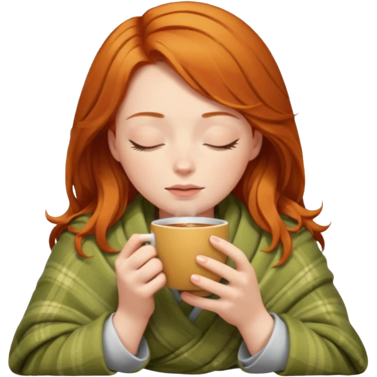 girl with ginger hair inside a blanket sipping coffee eyes closed emoji
