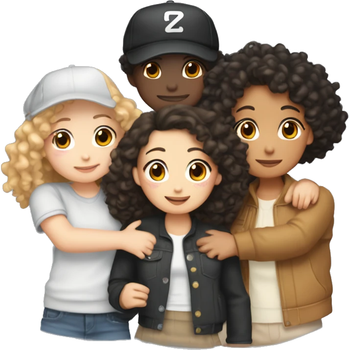 Five friends hugging - one white nonbinary person with short curly hair, 1 white girl with curly hair, 1 Chinese girl with a baseball hat, 1 light skin girl with long brown hair and 1 light skin girl with long black hair  emoji