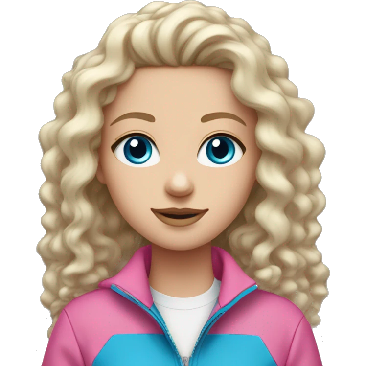 white girl with blue eyes and long curly hair with pink Quarter zip up jacket emoji