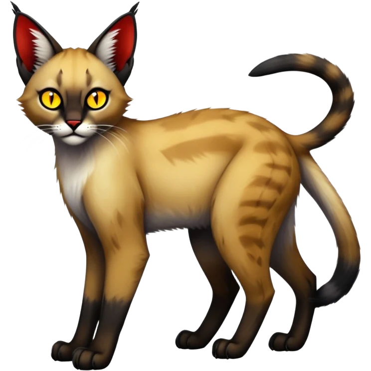 Gothic exotic Red and black and white and yellow and edgy and cute shiny Fantasy-Siamese-Bobcat-Caracal-Lykoi-feline-Fakémon-feline-hybrid (full body) emoji