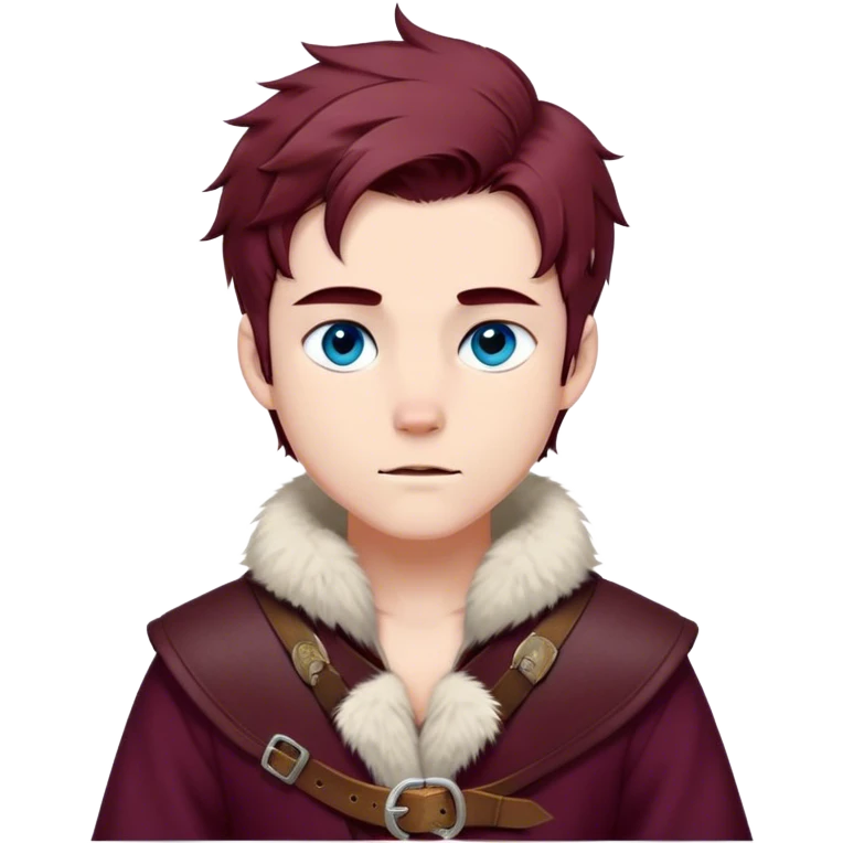 Medieval winter outfit worn by a DnD themed fantasy male character. Thick burgundy wool tunic with arctic fox fur lining, adorned with bronze clasps and a sturdy woven leather belt. Clothes only above the waist, full waist coverage. The character has no arms. Character is white-skinned with mahogany hair, stormy blue eyes, and short layered hair windswept with winter chill emoji