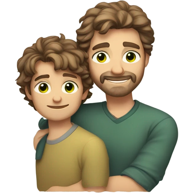 Handsome Father 40s green eyes with short full beard with Son 13s light brown eyes tousled bedhead look both has brunette hair light skin arms on shoulder portrait emoji