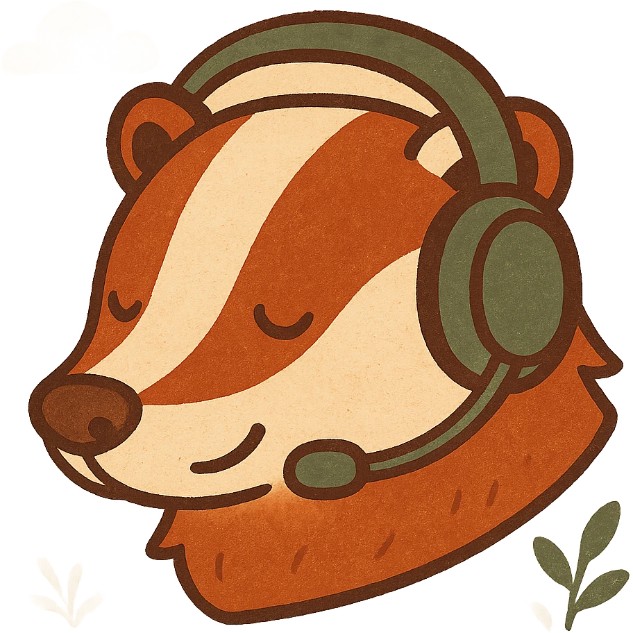 stylized badger head with a gaming headset, bold lines, cartoonish style, flat warm colors illustration emoji