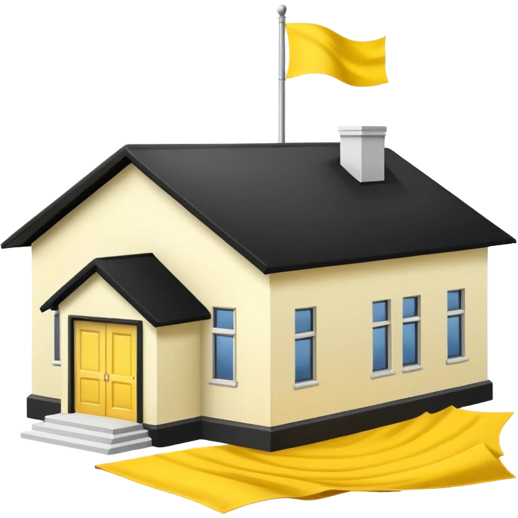 simple magic school, white background, magic school, black roof, with a big flag, big flag on a roof, big yellow flag, white school emoji