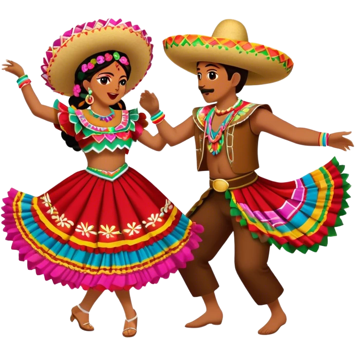 Cinematic Realistic scene of two performers dancing the Jarabe Tapatío, dressed in colorful traditional Mexican costumes with intricate embroidery, captured in energetic, festive motion with vibrant, celebratory lighting emoji