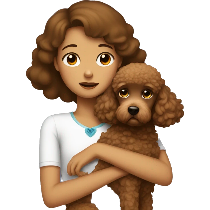 Girl with sad eyes hugs a brown poodle emoji