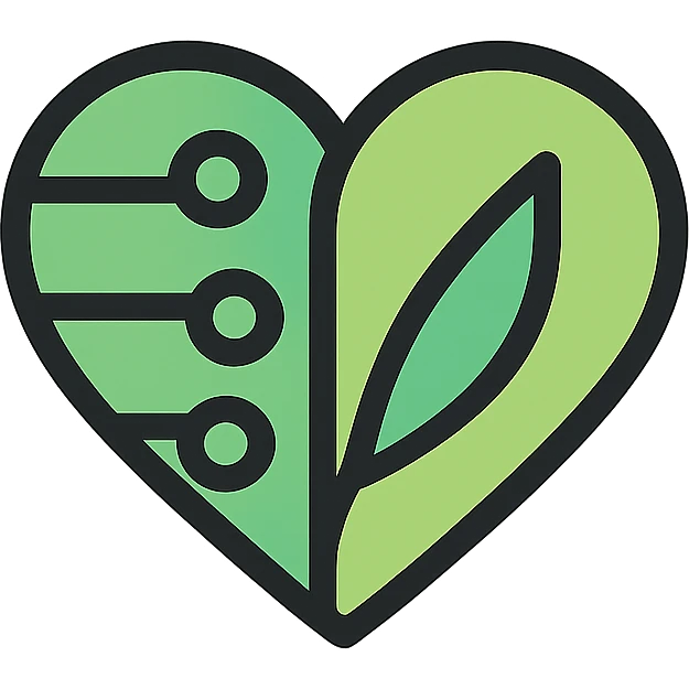 minimalist emoji-like icon representing health and technology, green heart with embedded circuits on the left and a leaf shape on the right, clean flat style, optimized for small sizes 32x32 px emoji