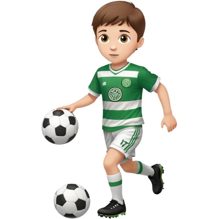 Celtic footballer jersey logo  6 years old brown hair white boy , brown eyes , stripes uniform , RUNNING  with soccer ball # 17 celtic football logo PUT ONLY ONE LOGO ONE CELTIC LOGO ONLY white shorts emoji