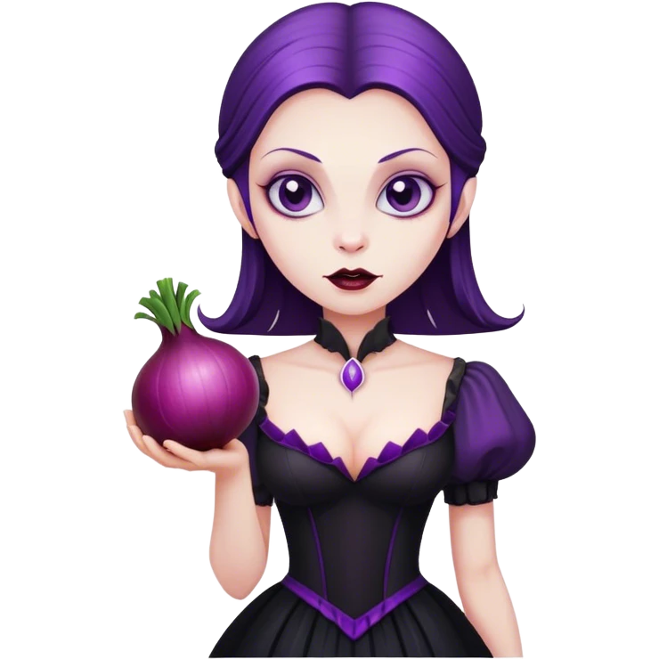 The vampire in black dress, holding a big violet onion  emoji