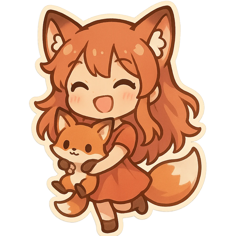 chibi stickers style fox girl holding a tiny fox, cheerful and energetic emoji