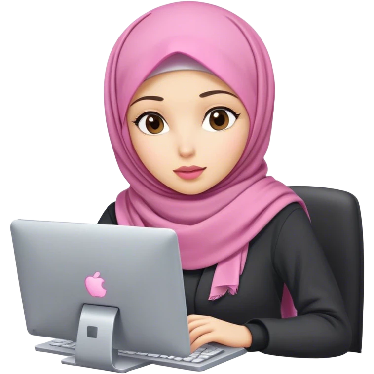 white skin hijab scarf woman working in computer. Her outfit is white, her lips is pink, her expression is focused on computer emoji