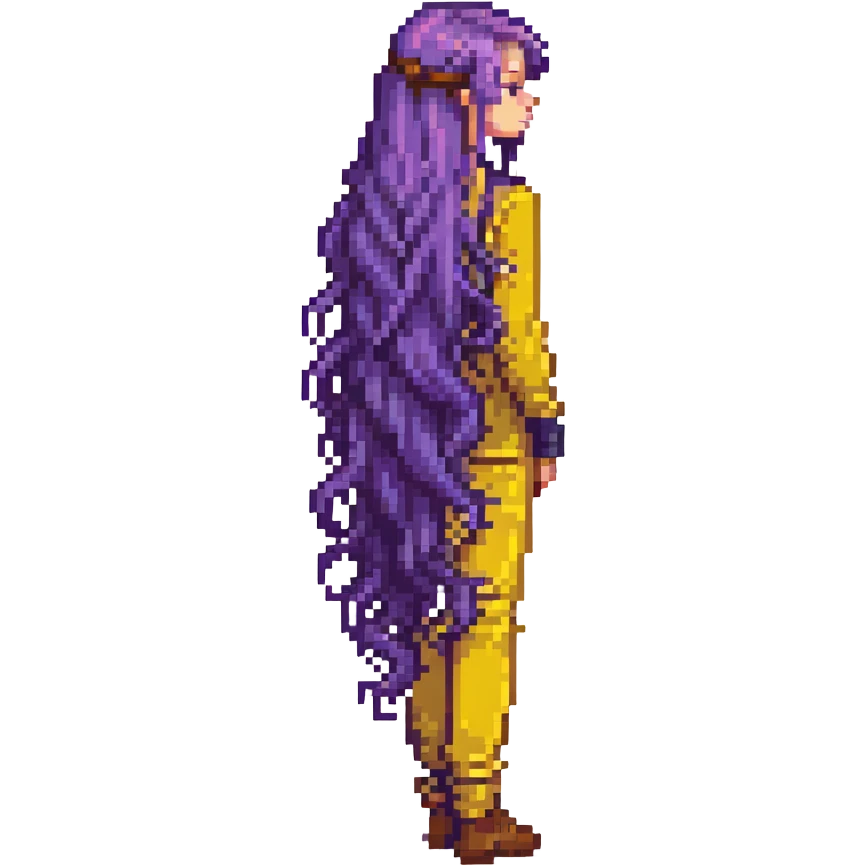 Girl with long purple hair that flows down her back, pixel art style emoji