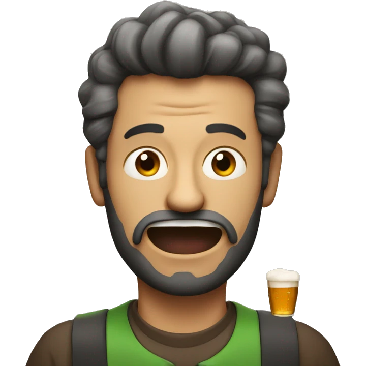 man with crazy face holding a beer bottle and a pint emoji