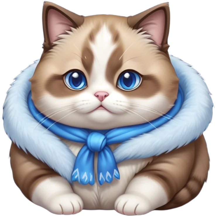 Cinematic Cute Chubby Brown Mantle Snowshoe Cat Portrait Emoji, Round and plump body, soft brown fur draped over its back like a luxurious coat, contrasted by fluffy white paws, chest, and an adorably chubby face, big, sparkling icy-blue eyes, Simplified yet irresistibly adorable features, highly detailed, glowing with a warm, cozy glow, high shine, curious yet calm, stylized with a touch of whimsy, bright and endearing, soft glowing outline, capturing the essence of a mischievous yet lazy and lovable kitty, so cuddly it feels like it could waddle right out of the screen for a snuggle! emoji