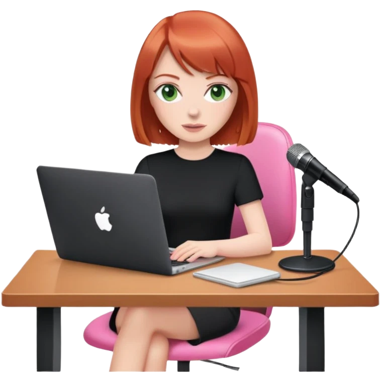 Redhead Bob with fringe with green eyes sat at desk with pink MacBook and  podcast microphone black top and pink chair  emoji
