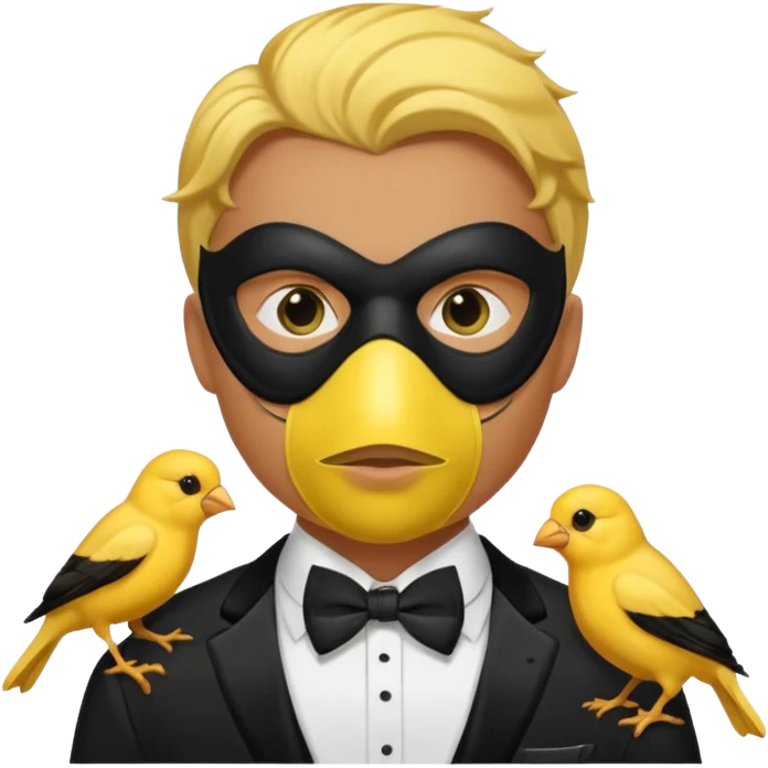 A man facing forward wearing a tuxedo with a mask depicting a yellow canary. emoji