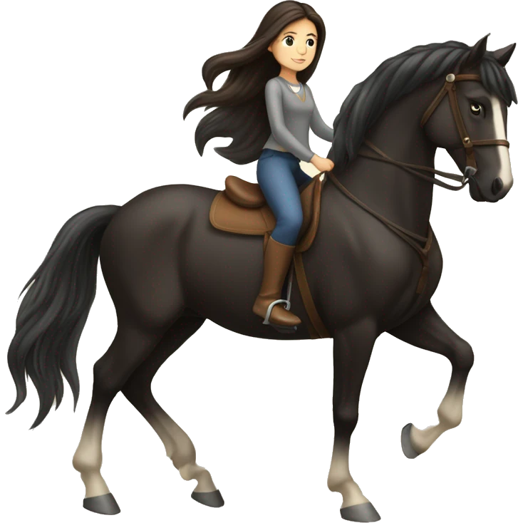 brunette girl with long hair riding a freisian horse emoji