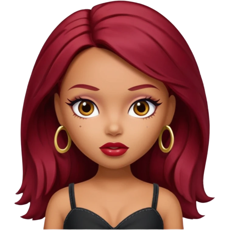 Bratz doll with dark red hair and a beauty mark emoji