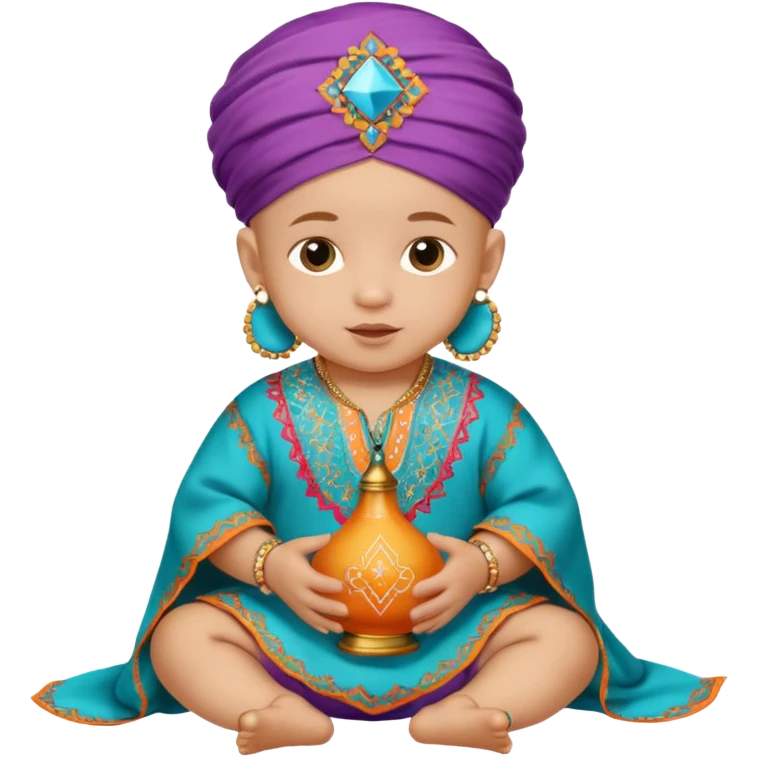  baby, dressed in colorful ghalibiya with delicate decorations, and a traditional Moroccan terbuka emoji