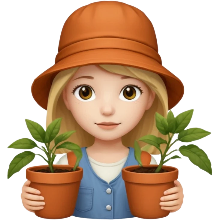 young girl wearing bucket hat, holding a plant pot emoji