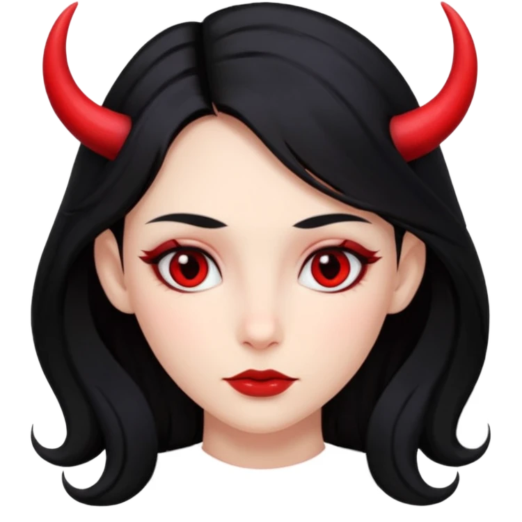 A girl's face with cheekbones, red skin, long black hair, small red horns, and red eyes. emoji