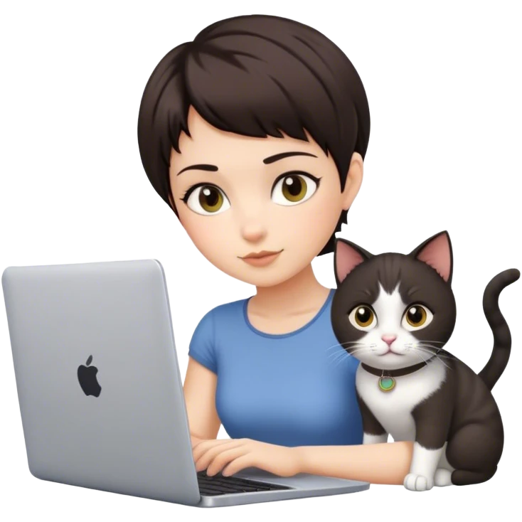Girl with pixie cat dark haired working on laptop emoji