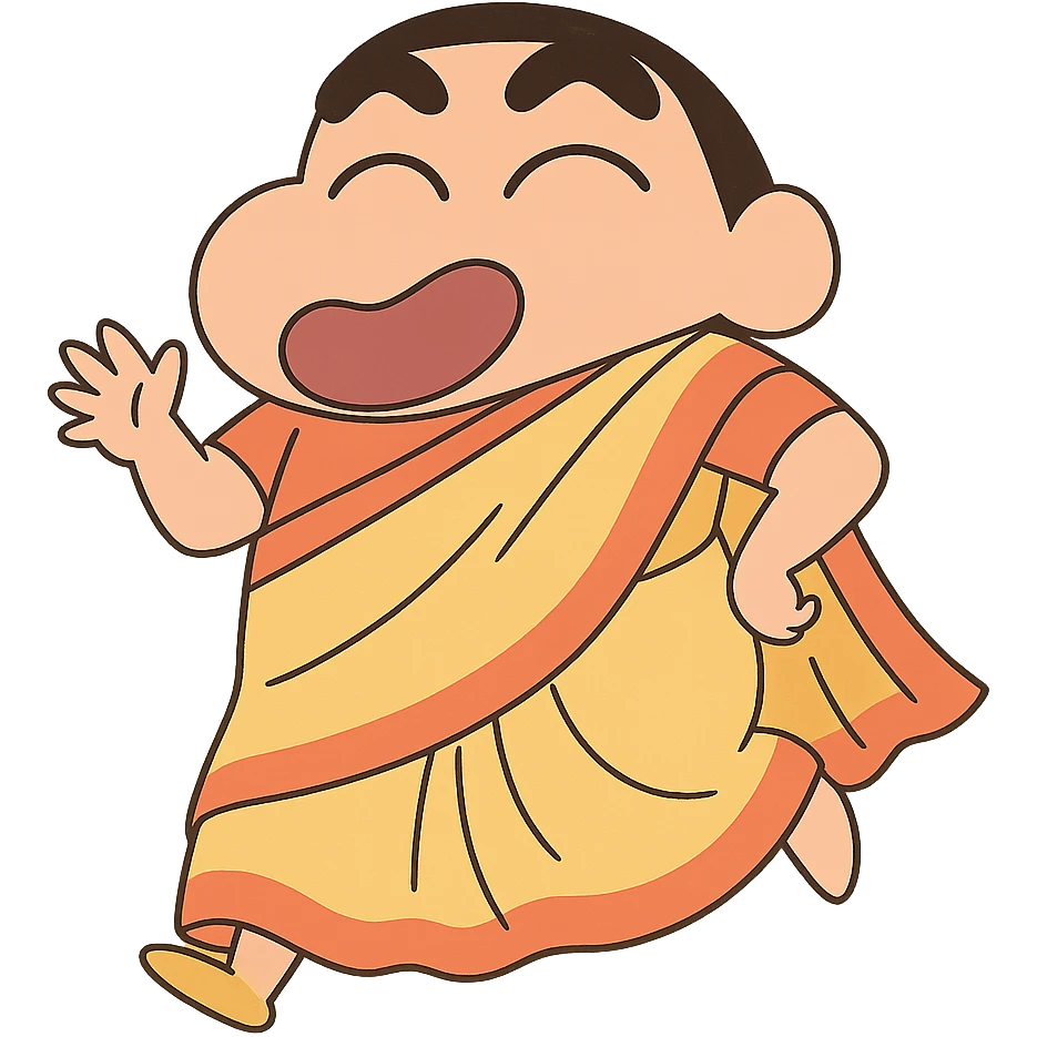 Shinchan in a traditional Indian saree, playful pose, pastel colors emoji