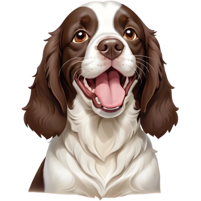 Cinematic Cute Yawning Springer Spaniel Portrait Emoji, Head tilted slightly with a dramatic, wide-open yawn, showcasing a smooth Fur of liver and white with crisp markings, floppy ears slightly drooping, round brown eyes barely open in drowsy contentment, Simplified yet irresistibly adorable features, highly detailed, glowing with a soft, cozy glow, high shine, relaxed yet expressive, stylized with a touch of whimsy, bright and endearing, soft glowing outline, capturing the essence of a sleepy yet affectionate companion, so drowsy it feels like it could stretch right out of the screen and curl up for a nap! emoji