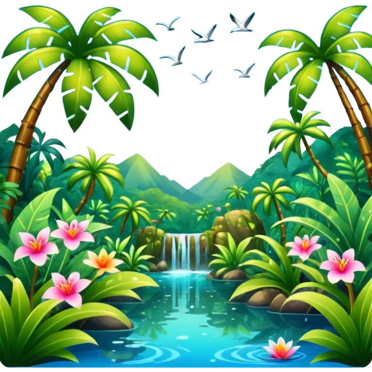 Lush exotic tropical sparkly colorful flowery jungle nature glittery water wildlife scenery  emoji