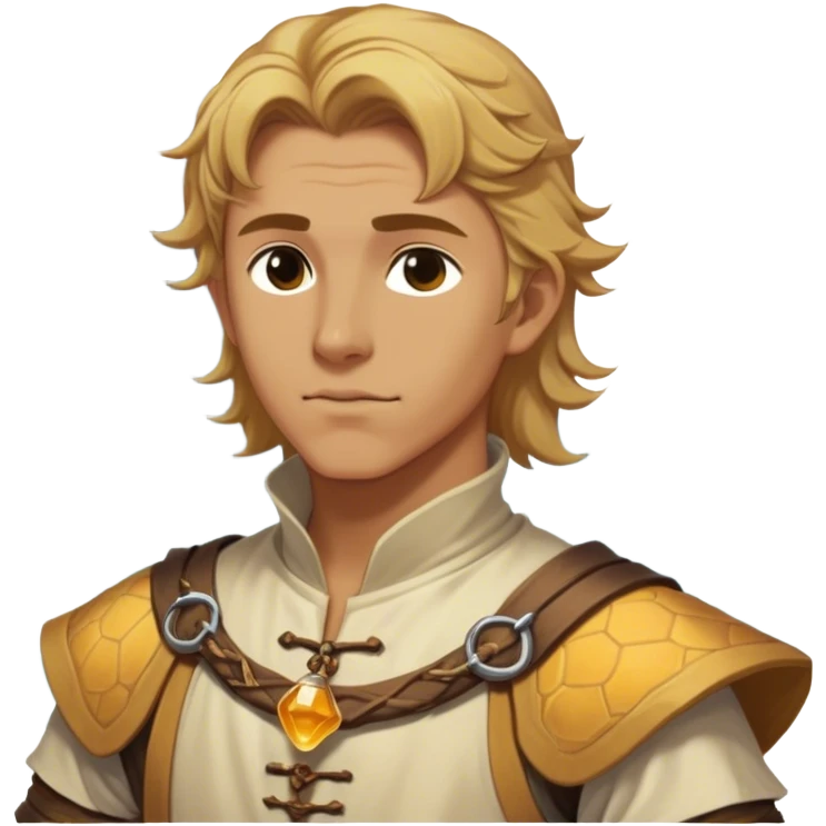 Medieval summer outfit worn by a DnD themed fantasy male character. Character has honey blonde hair swept back from the temples, reaching the nape of the neck with natural waves throughout. emoji