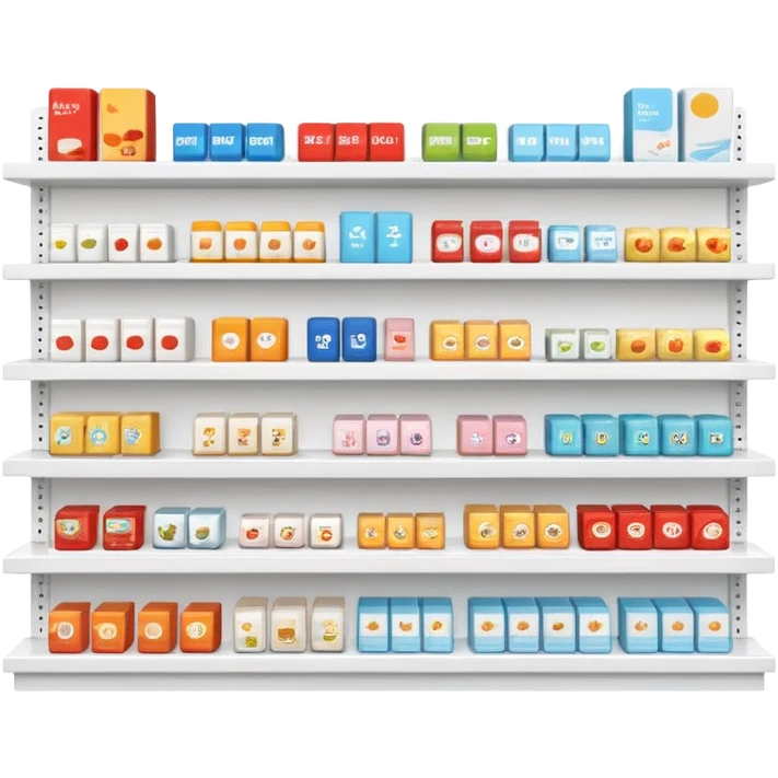 "Minimalist Japanese retail shelf display, identical products placed directly behind one another (same items stocked in depth), different product types arranged side by side, clean spacing, precise symmetry, soft neutral lighting, front-facing packages, ultra-detailed." emoji