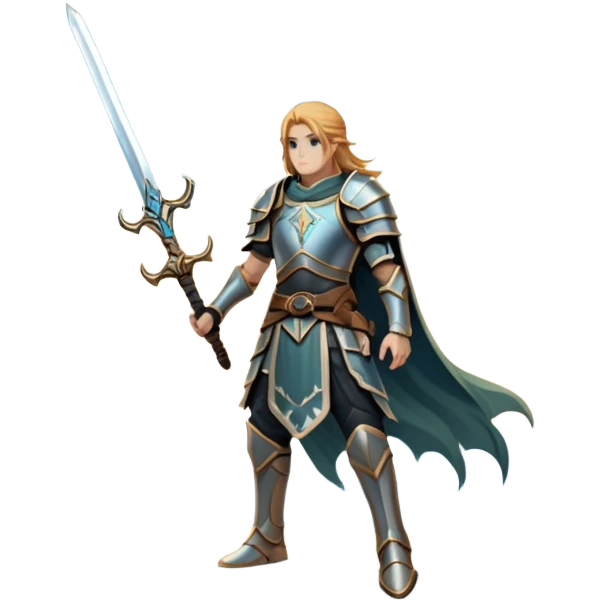 An icon representing an RPG, inspired by Elden Ring, featuring a lone warrior standing on a cliff overlooking a vast, mystical landscape. The design includes intricate armor, a glowing sword, and a majestic, otherworldly sky. Transparent background emoji