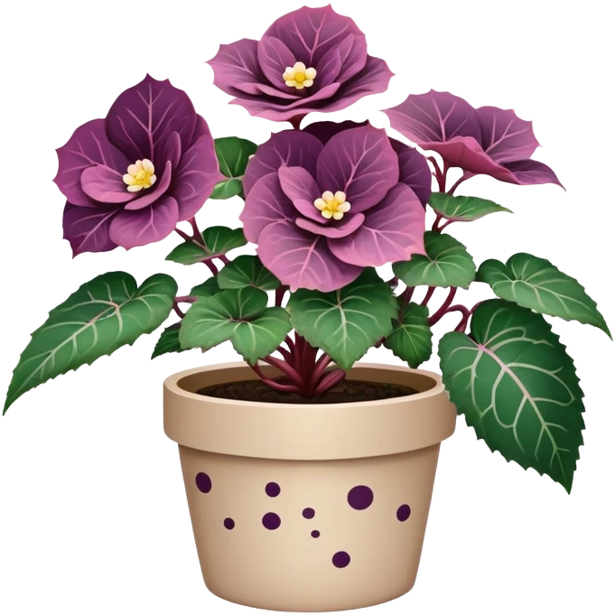 Begonia Rex plant in beige pot with only foliage, no flowers. Each leaf has dark green color, purple edges, white spots in middle, and clear spiral pattern at center where leaf grows emoji