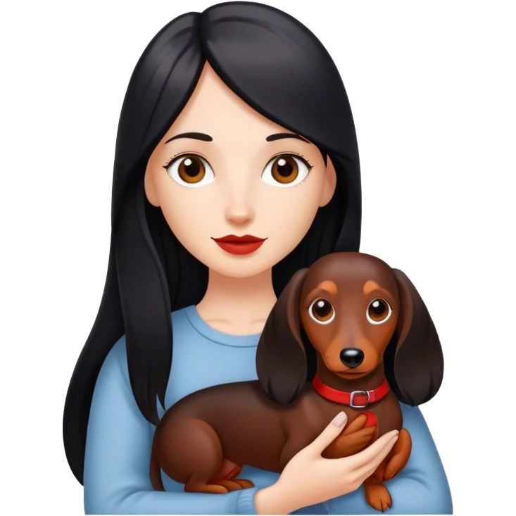 White girl with black straight long hair holding a red dachshund  emoji