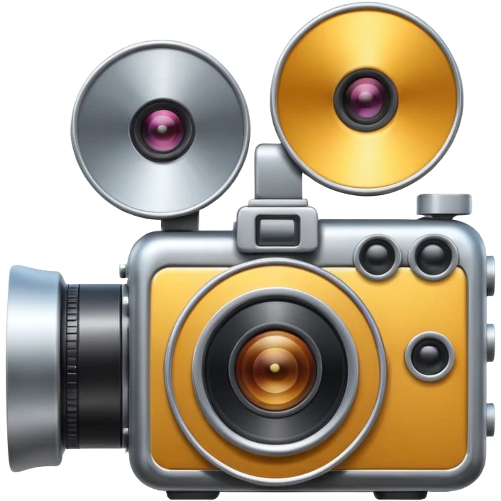 Minimal emoji icon of a huge cinematic metalic camera, front view, simple shapes, realistic lens,  emoji