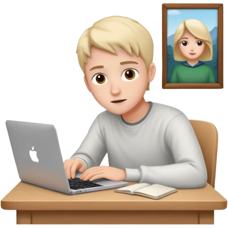 ученик учит английский язык за столом дома с макбуком прямо emoji