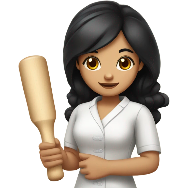 girl masseur with black hair and big brown eyes holds a wooden rolling pin in her hand emoji