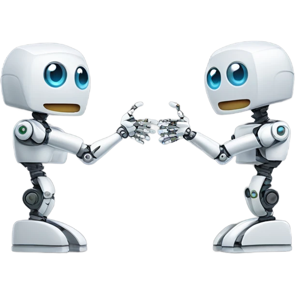 Two robotic with snake heads figures high-fiving or shaking hands, symbolizing partnership in technology. emoji