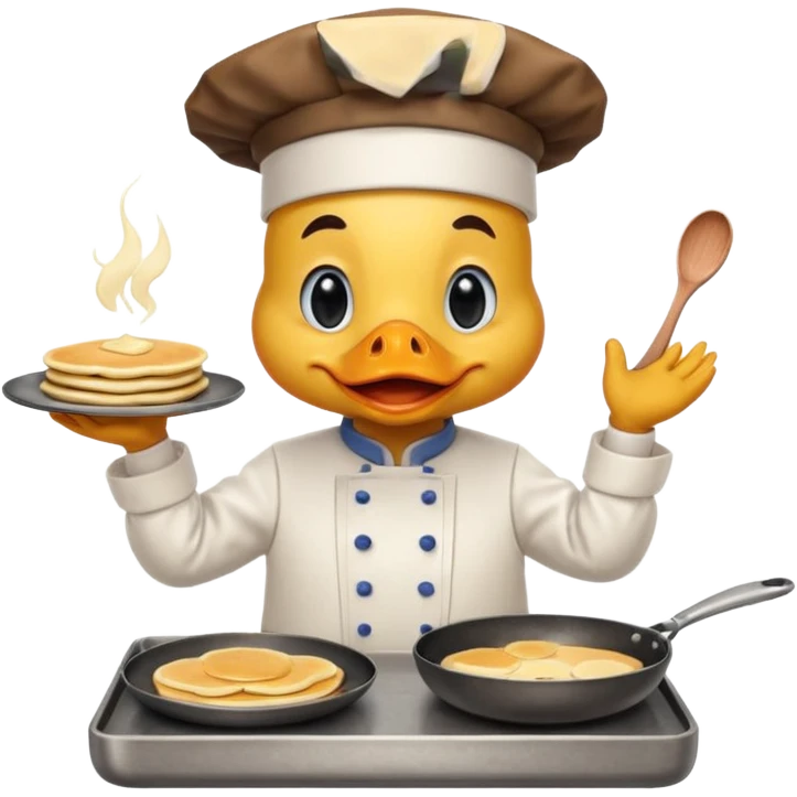 A chef duck wearing a tiny apron, making pancakes on a pan emoji