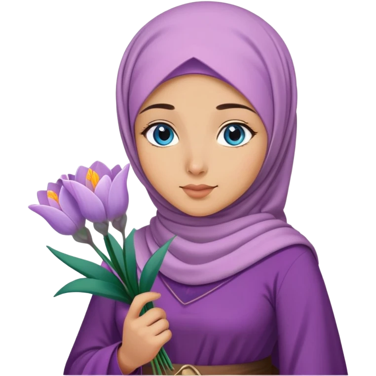 Turkish beautiful finish Konya girl blue eyes with crocus flower hijab long tail dress and hold crocus flower on hand  emoji