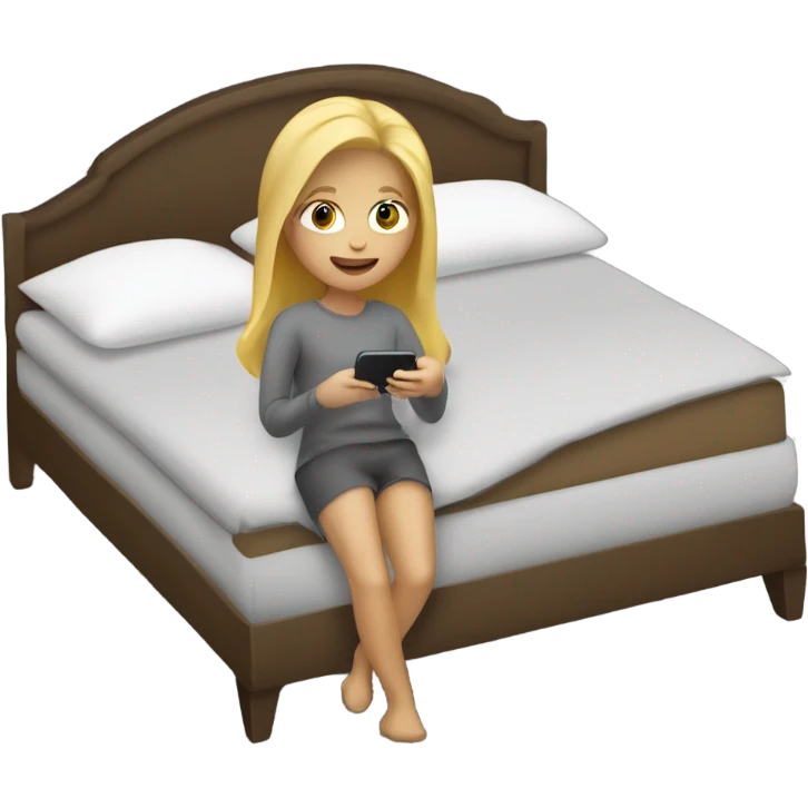 Blond female using iPhone in the dark in bed with grey bedding and brown carpet floor emoji
