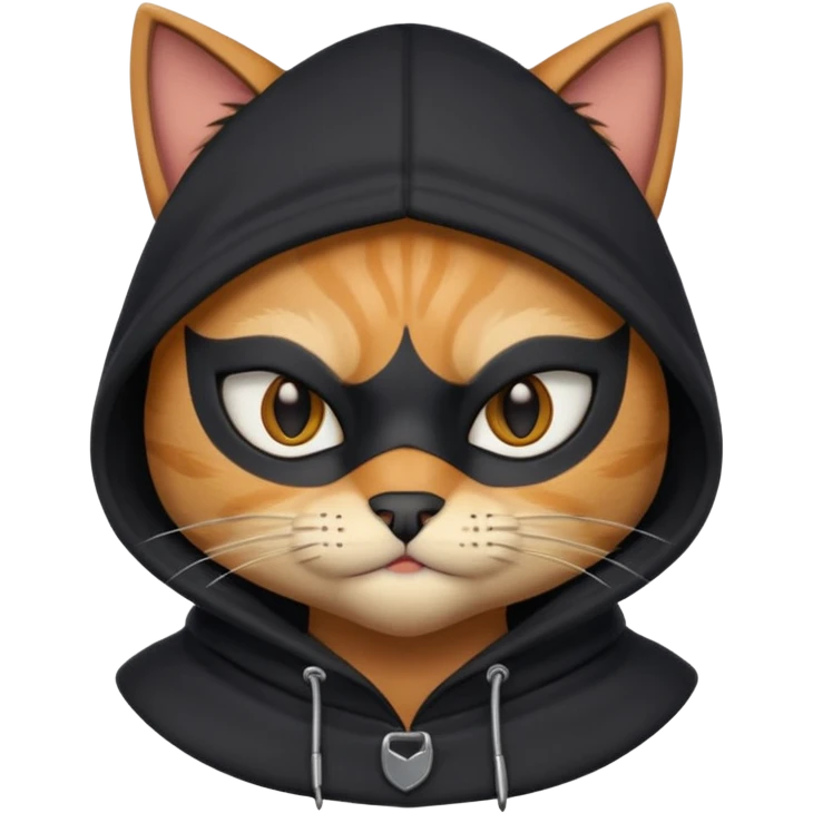 thief cat portrait, head and shoulders only, black mask markings, sly eyes, dark hoodie collar, mischievous expression, 3D cartoon, mobile game icon style, clean background, no text, no watermark
 emoji