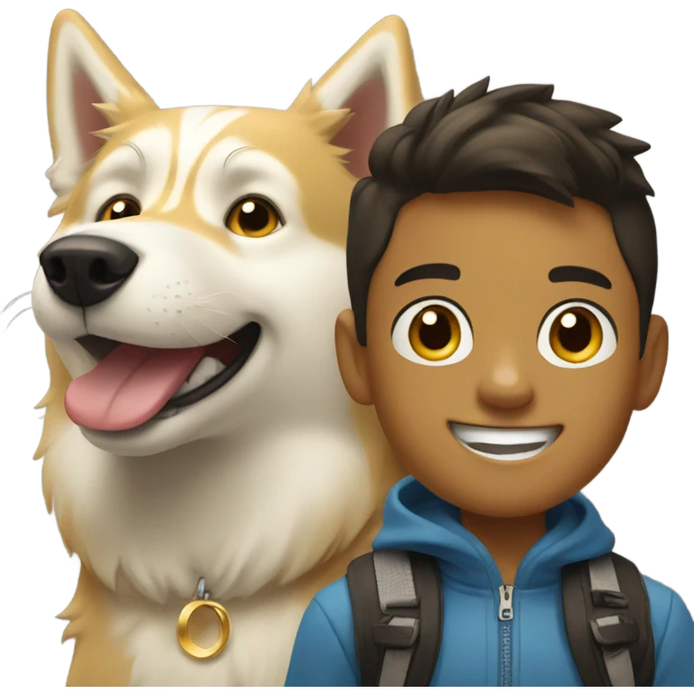 boys smiles and with golden Husky  emoji