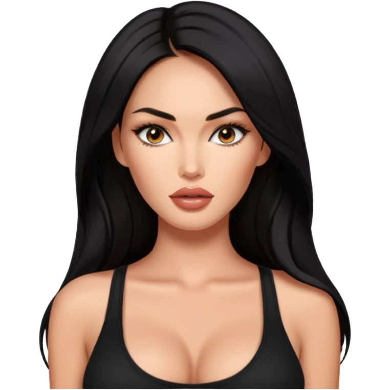 Megan fox, fashion model Beautiful woman model adult   large breasts  with monolid narrow dark brown eyes tan  skin, full lips  long hair model black   top   emoji
